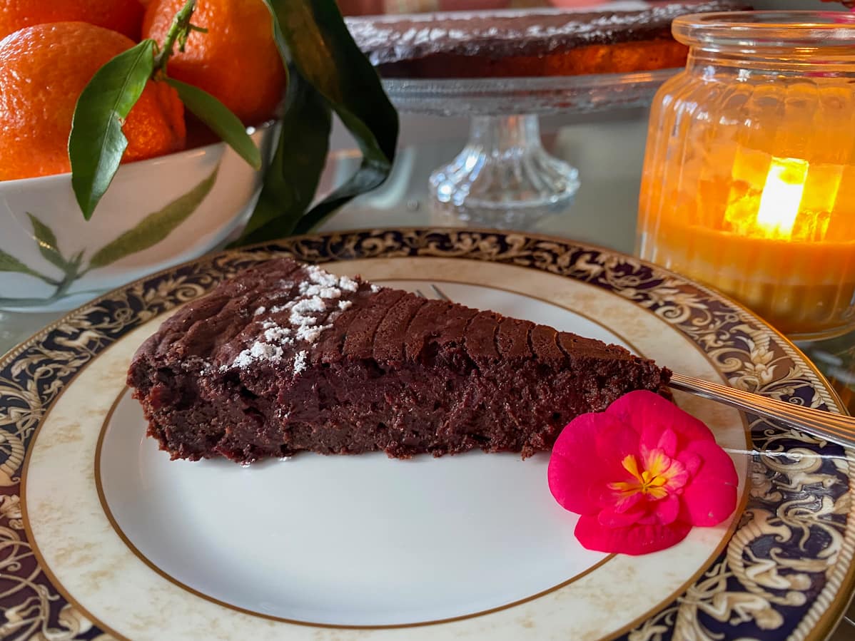 close up of a slice of moist, fudgy chocolate cake