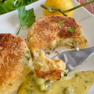 cutting into fluffy smoked haddock fishcakes