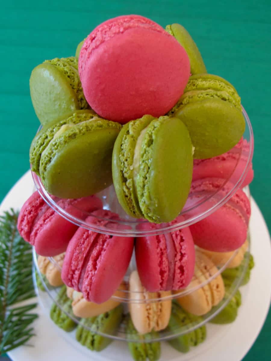 macaron tower with raspberry macarons, pistachio and vanilla