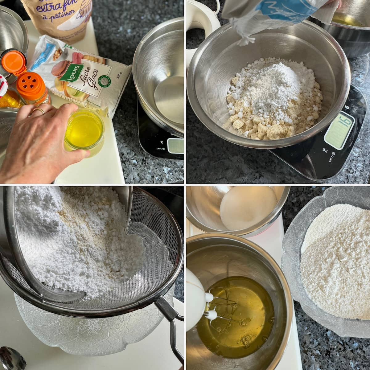 weighing out egg whites, ground almonds and sugar to make pumpkin macarons