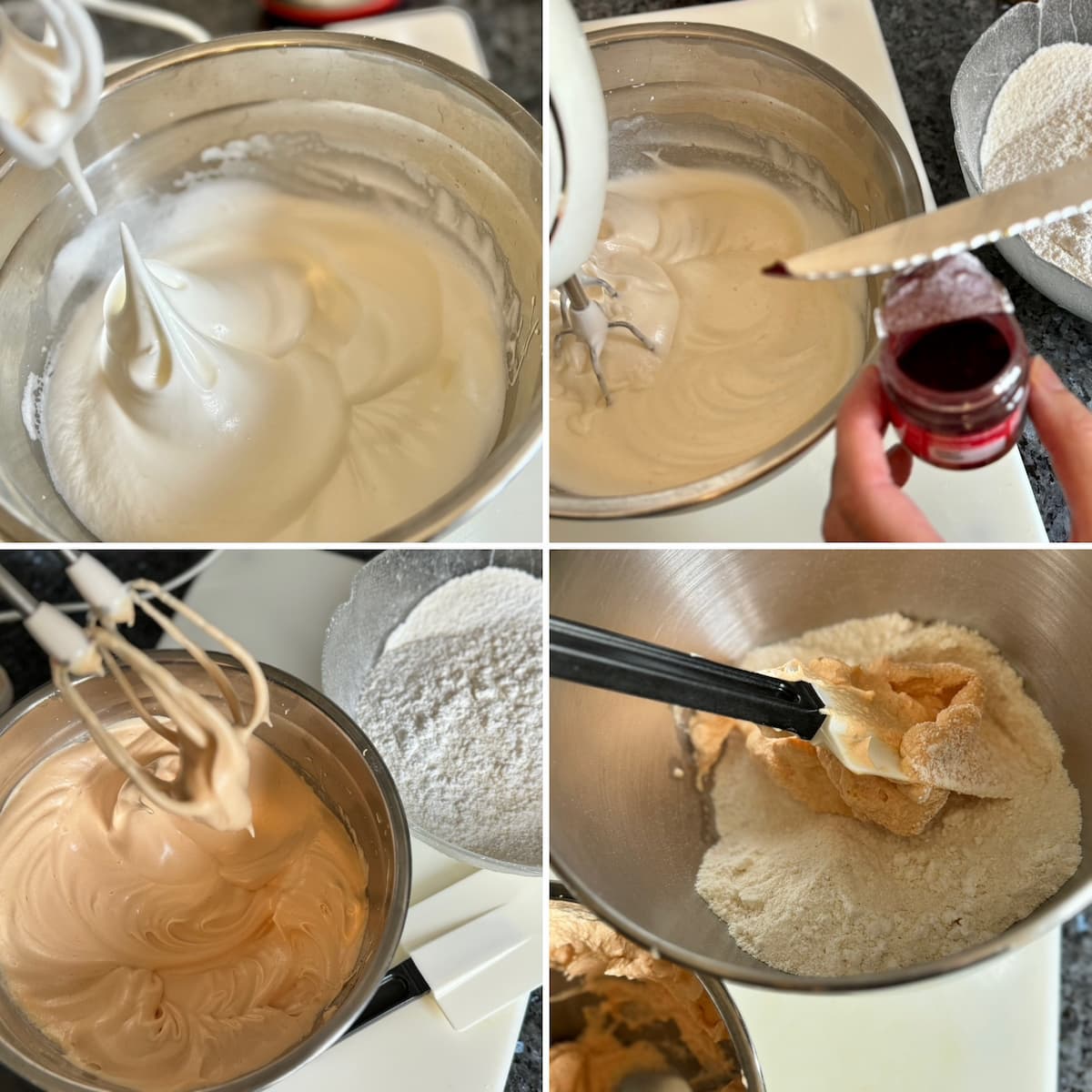 whipping egg whites to firm peaks, adding a pinch of powdered colouring then mixing into the almond and sugar mix