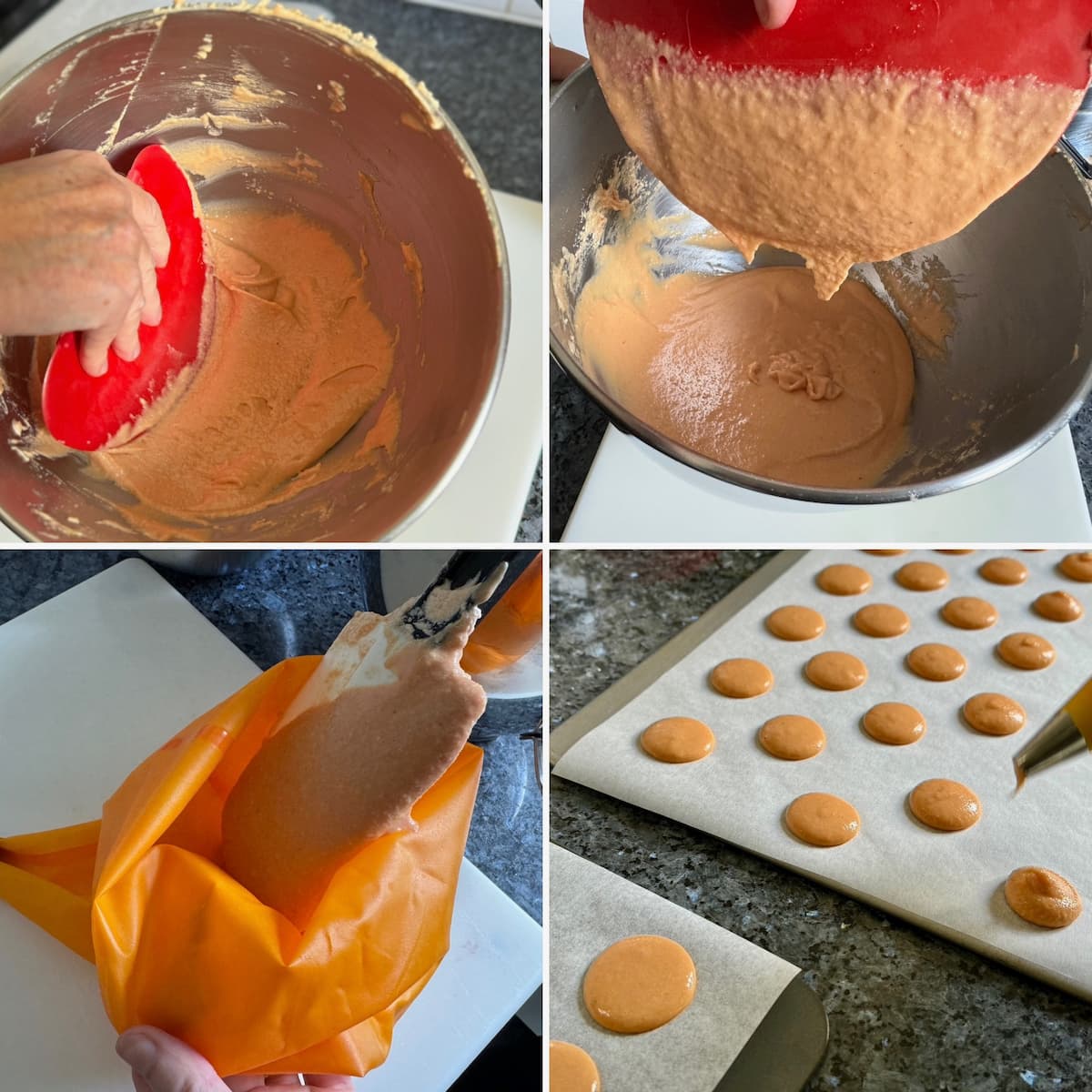 pressing on macaron batter known as macaronage technique to make it glossy then piping batter onto baking sheets lined with parchment paper