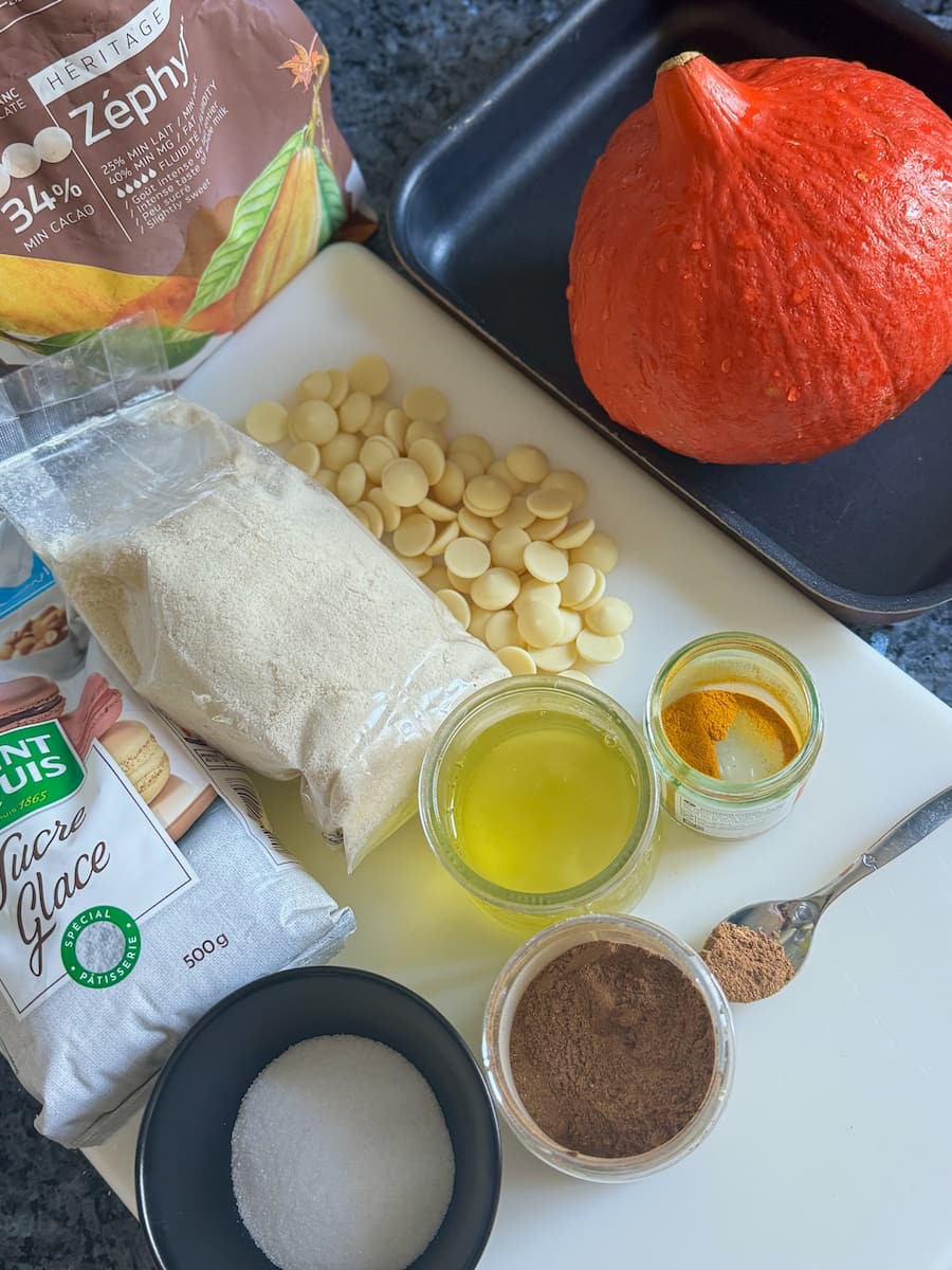 ingredients set out to make pumpkin macarons with fall spices