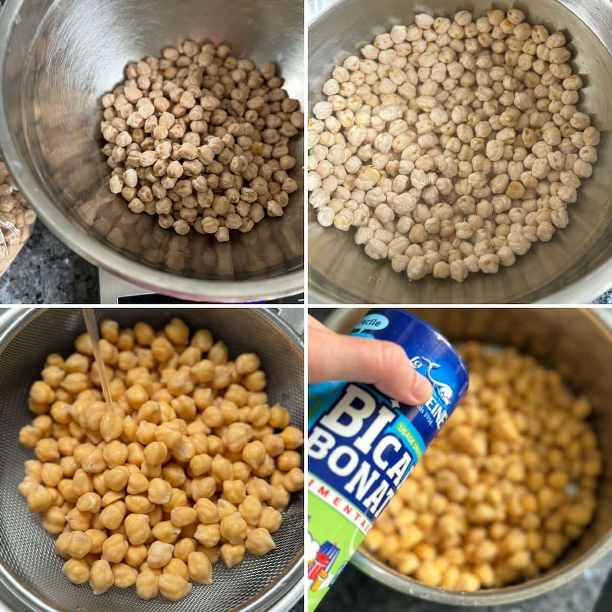 4 steps to preparing dried chickpeas, adding bicarbonate of soda to the water to help digestion