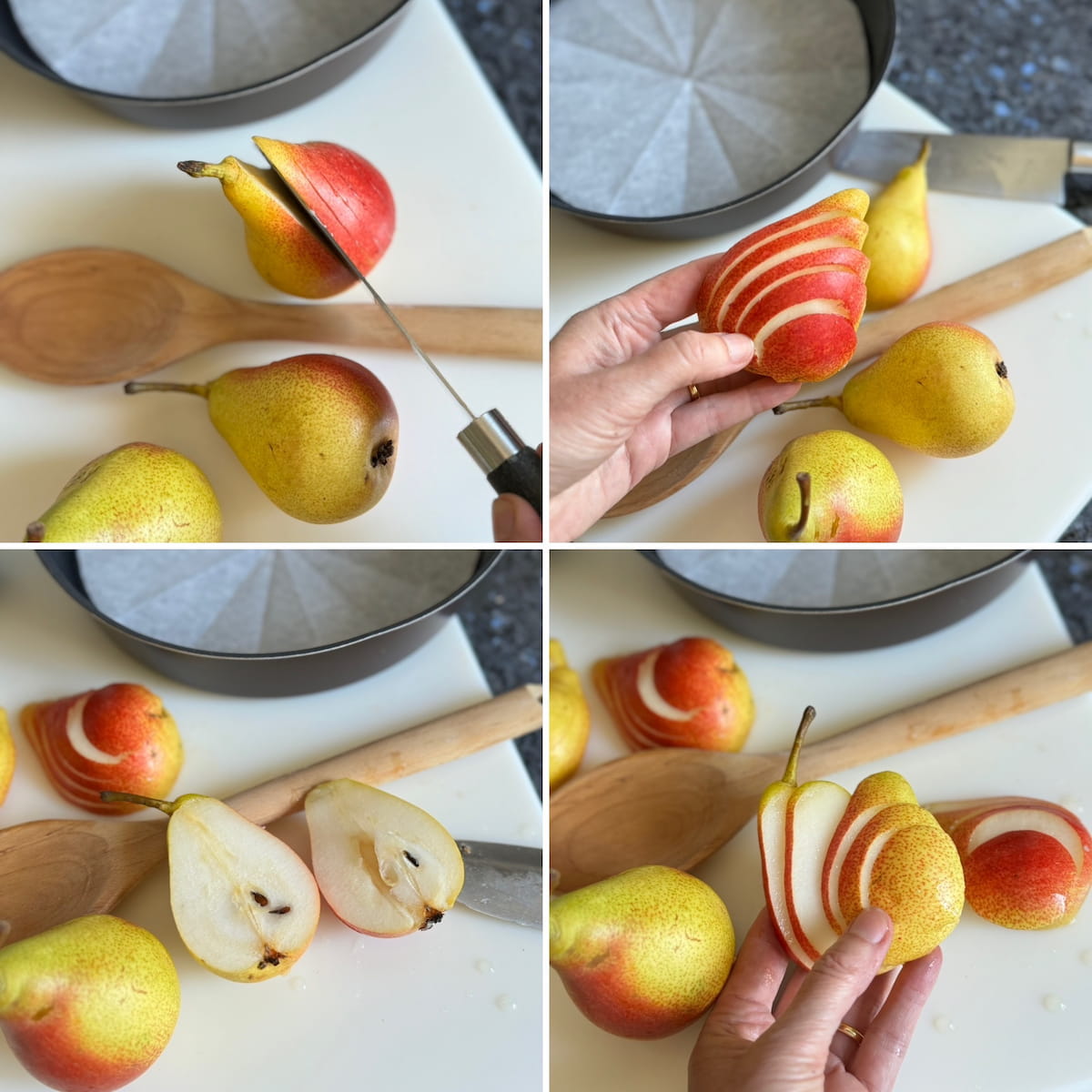 slicing half pears to create a fan shape using a wooden spoon as a guide