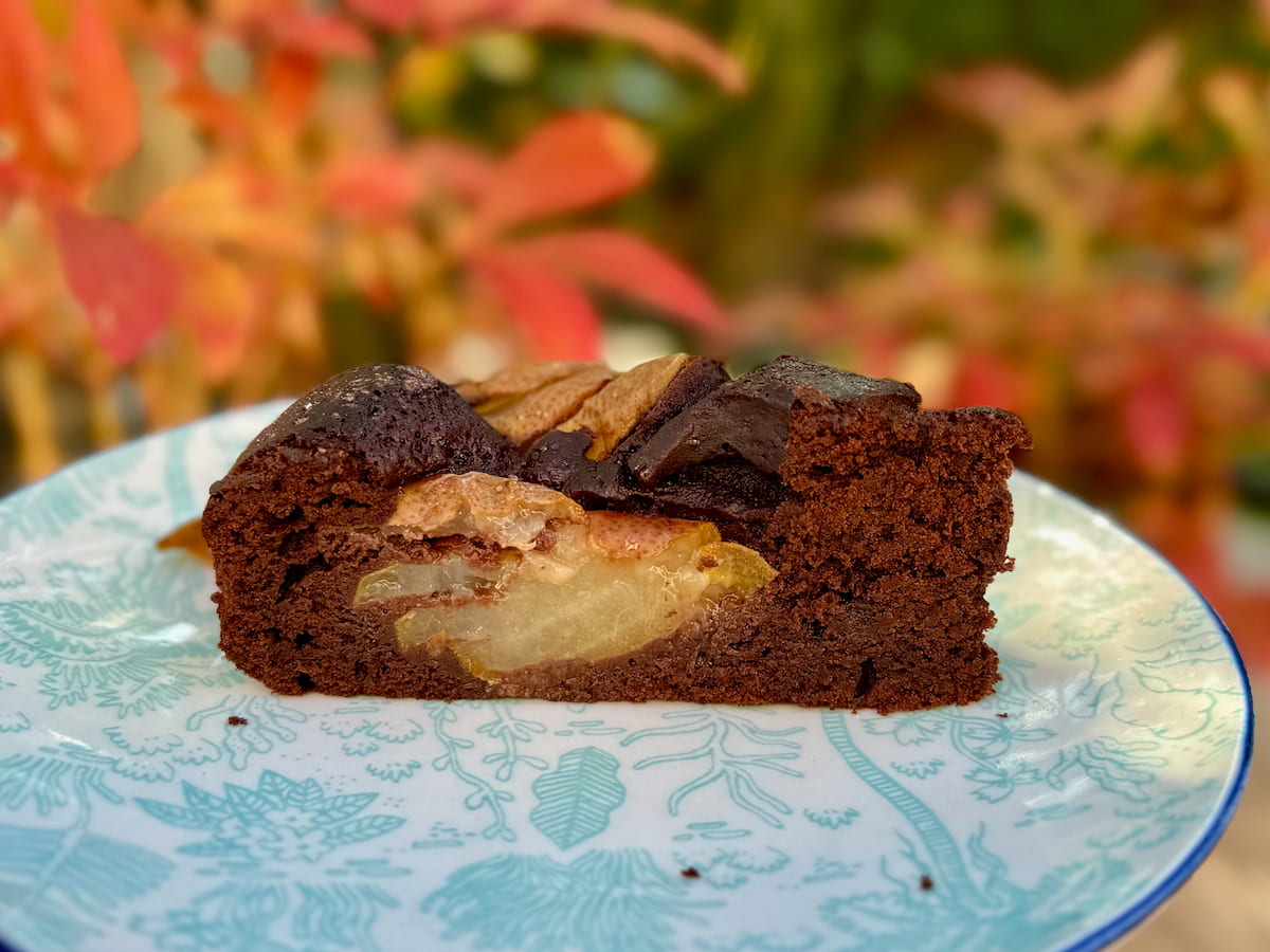 slice of moist chocolate cake with pear