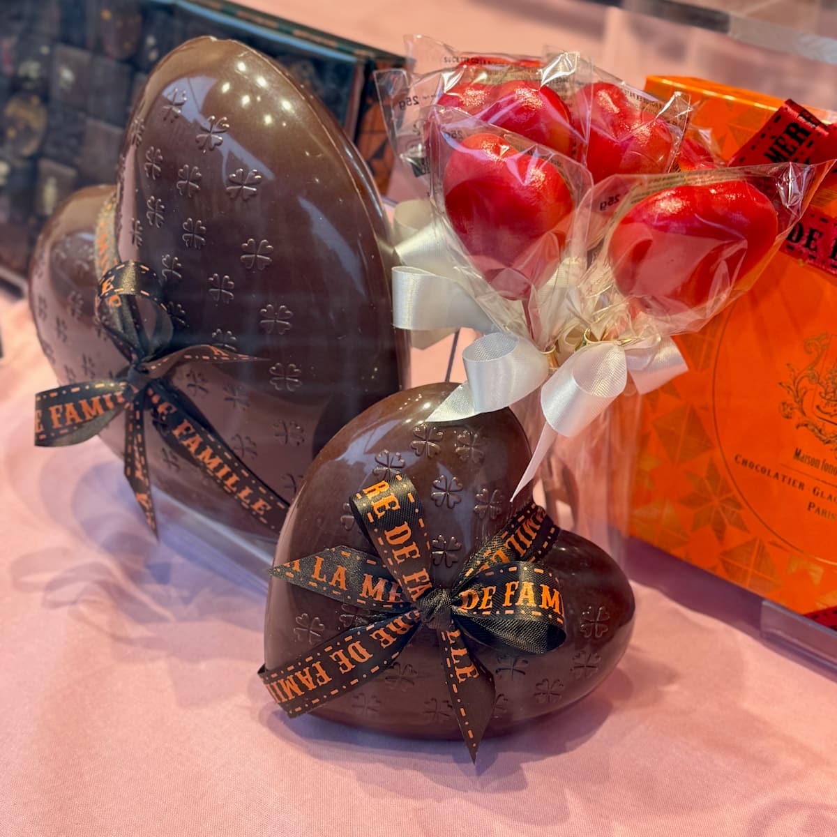 large chocolate hearts in a Paris shop window for Valentine's Day