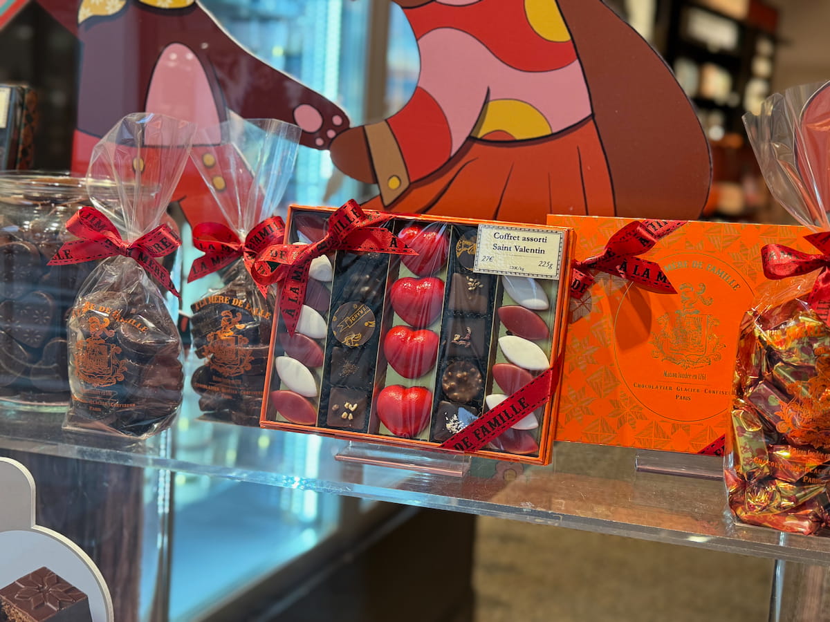 Paris chocolate shop decorated with heart chocolates and confectionary for Valentine's Day