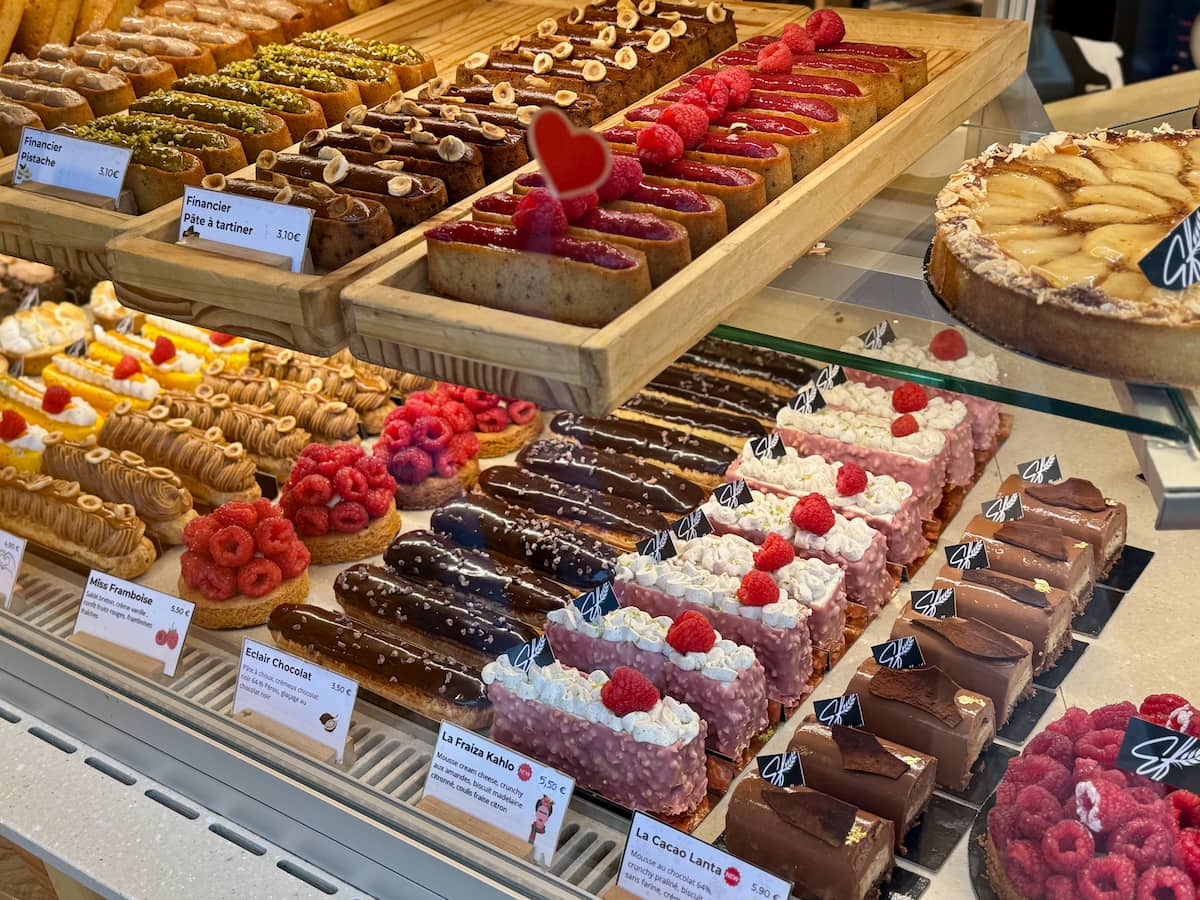 colourful pastries and cakes in a Parisian patisserie for Valentine's Day