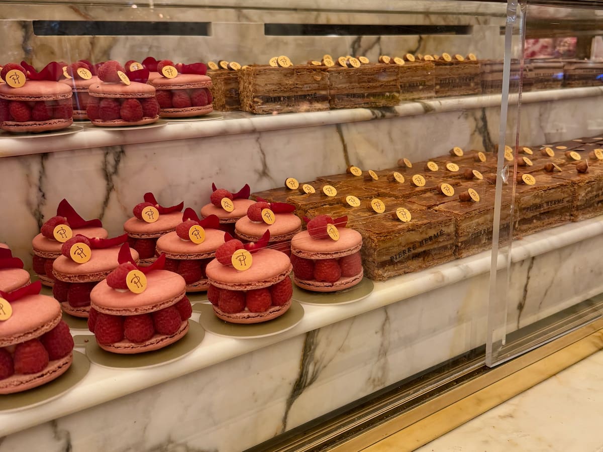 rows of the most famous macaron pastry in Paris, Hermés Ispahan 