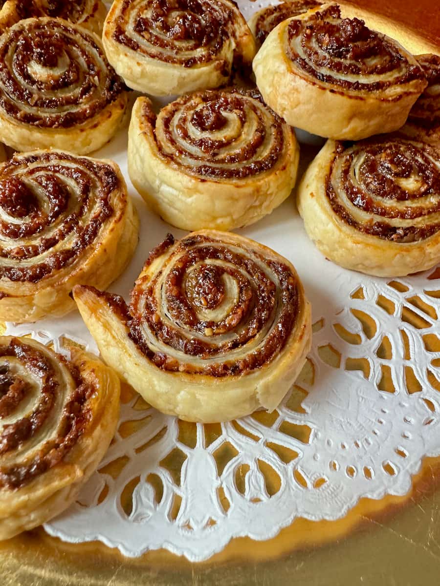 sweet pinwheels made with puff pastry creating a spiral effect