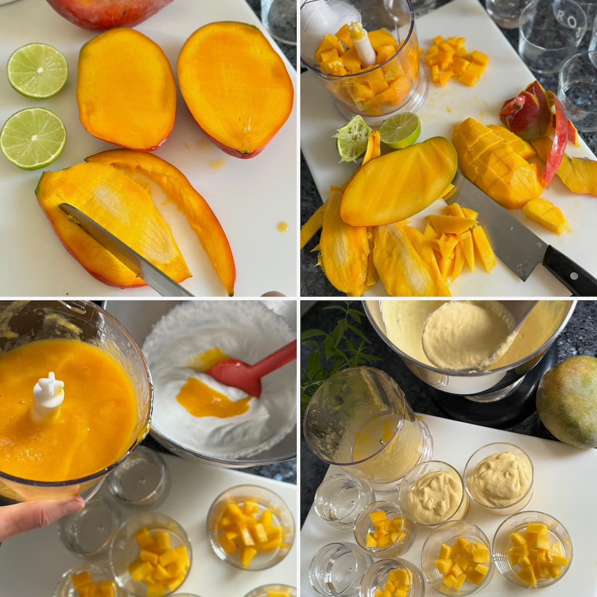 recipe steps showing how to prepare and purée mango, adding to whipped cream, coconut milk and lime.