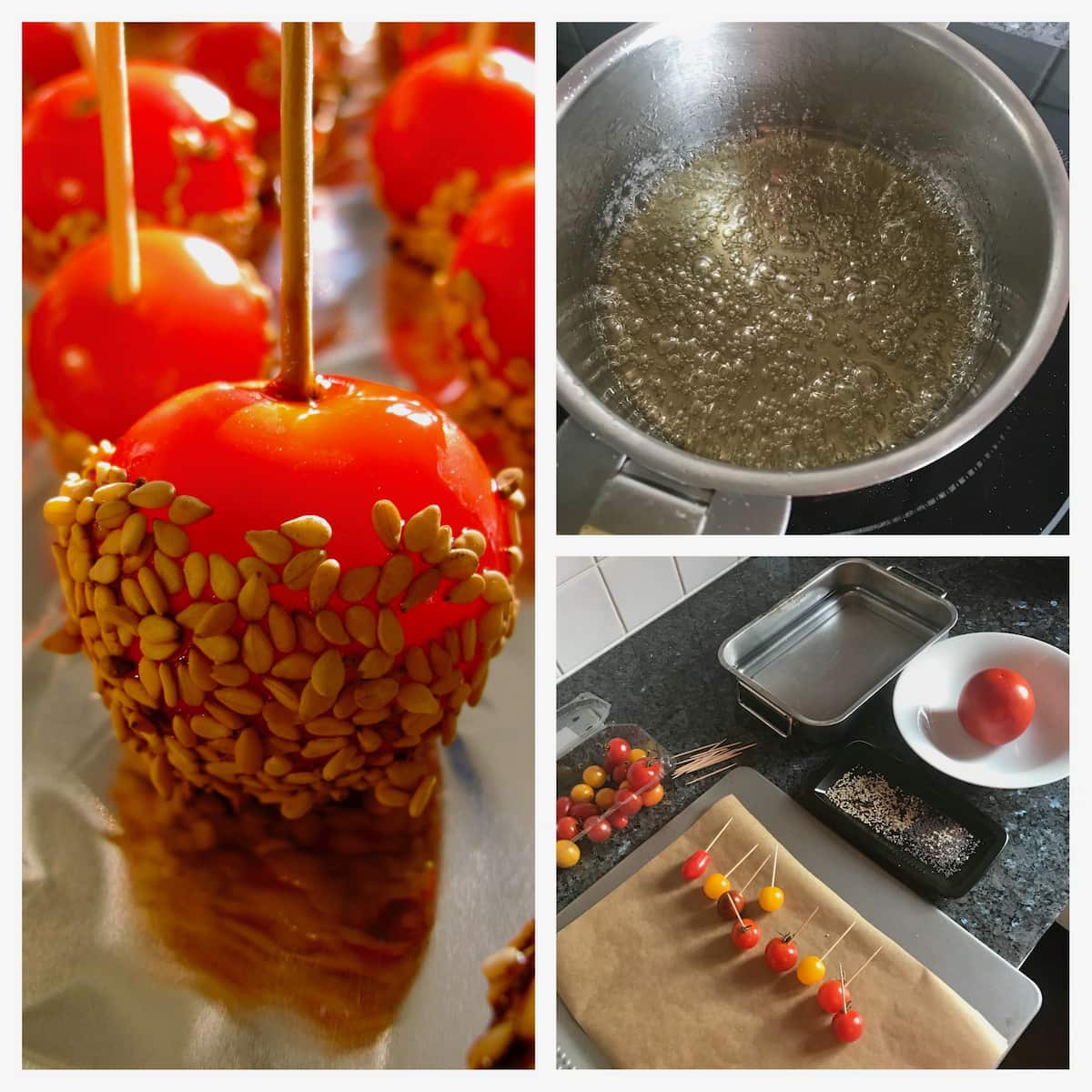 step by step simple recipe how to make candied cherry tomatoes in salted toffee