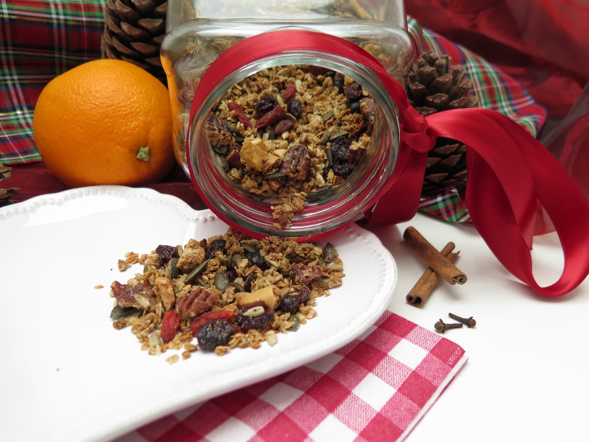 cookie jar spilling out toasted oats, seeds, cranberries and nuts next to an orange, gingerbread spices and red ribbons
