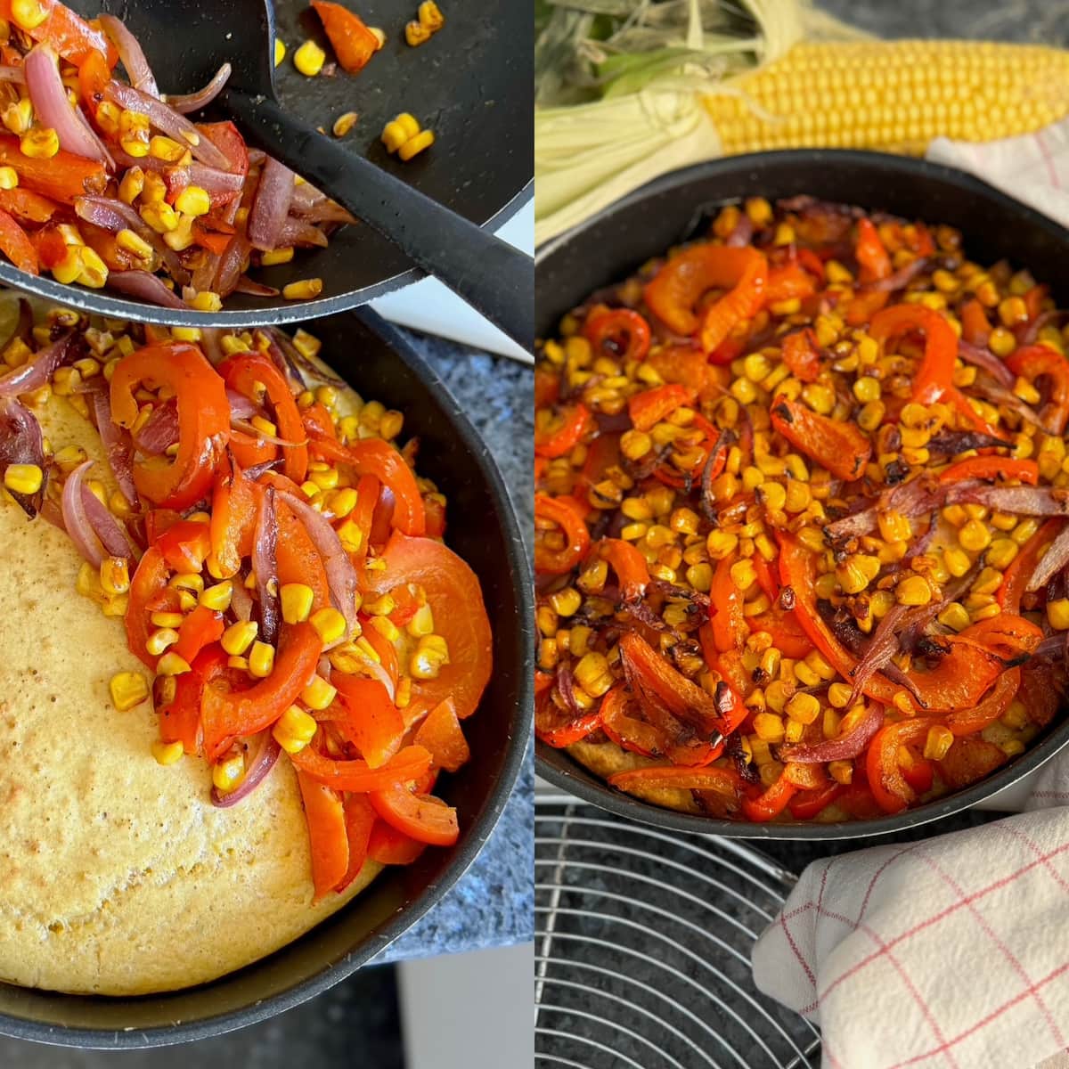 adding fried red bell pepper, onion and corn to half baked cornbread before returning to the oven