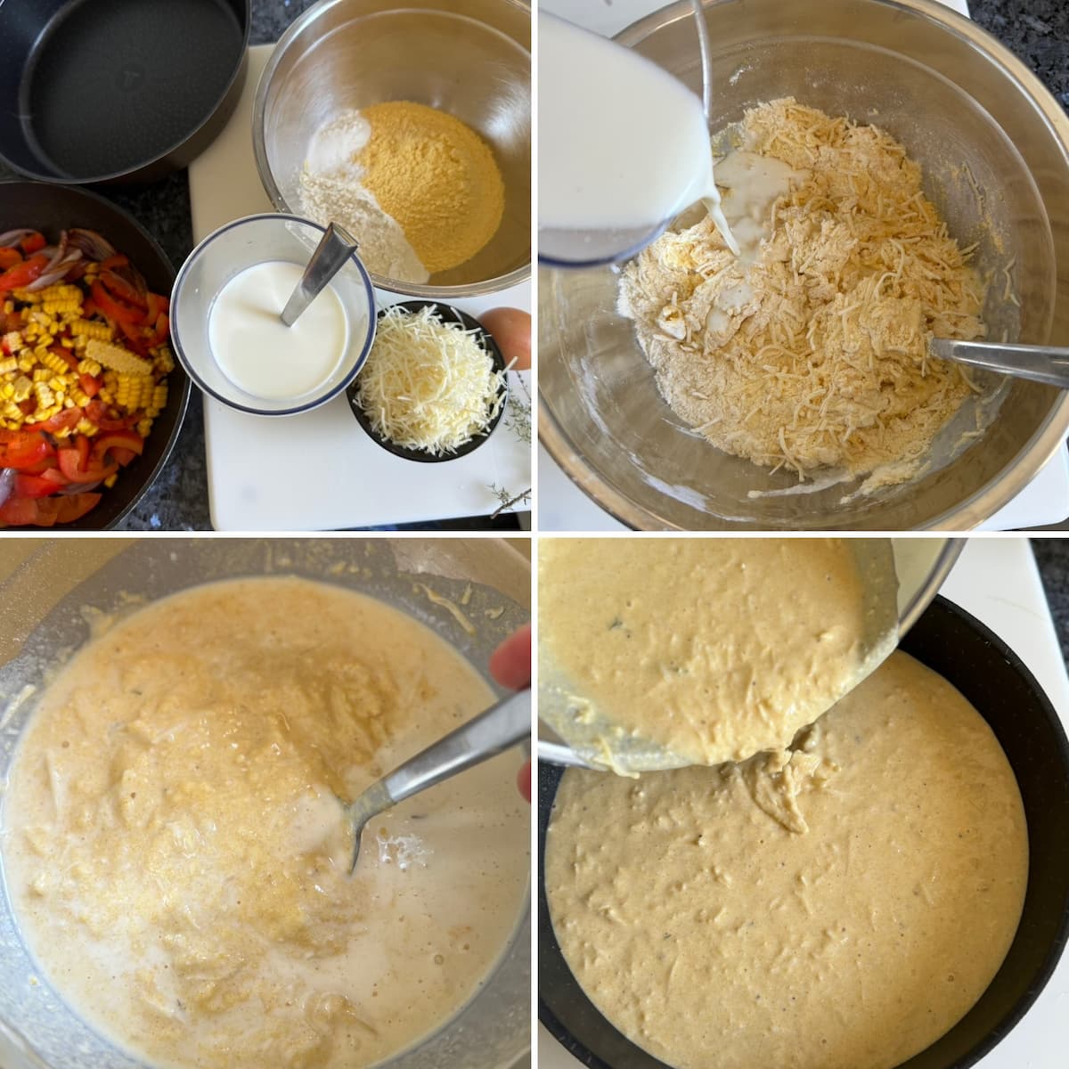 recipe steps to mixing together the batter of corn meal, regular flour, buttermilk and cheese