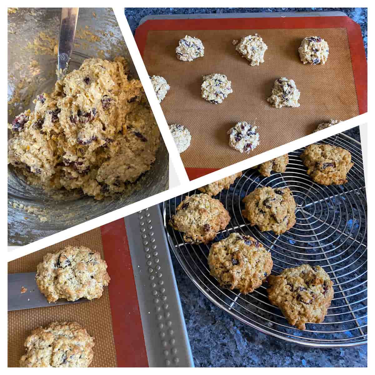 preparing cookie dough on a baking sheet then taking out the oven to cool on a wire rack