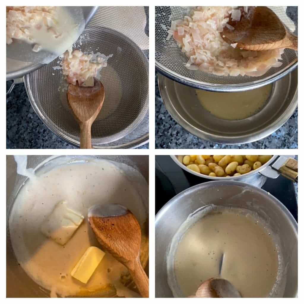 straining shallots out of a sauce and adding butter