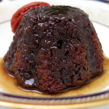 sticky toffee pudding with macaron shell