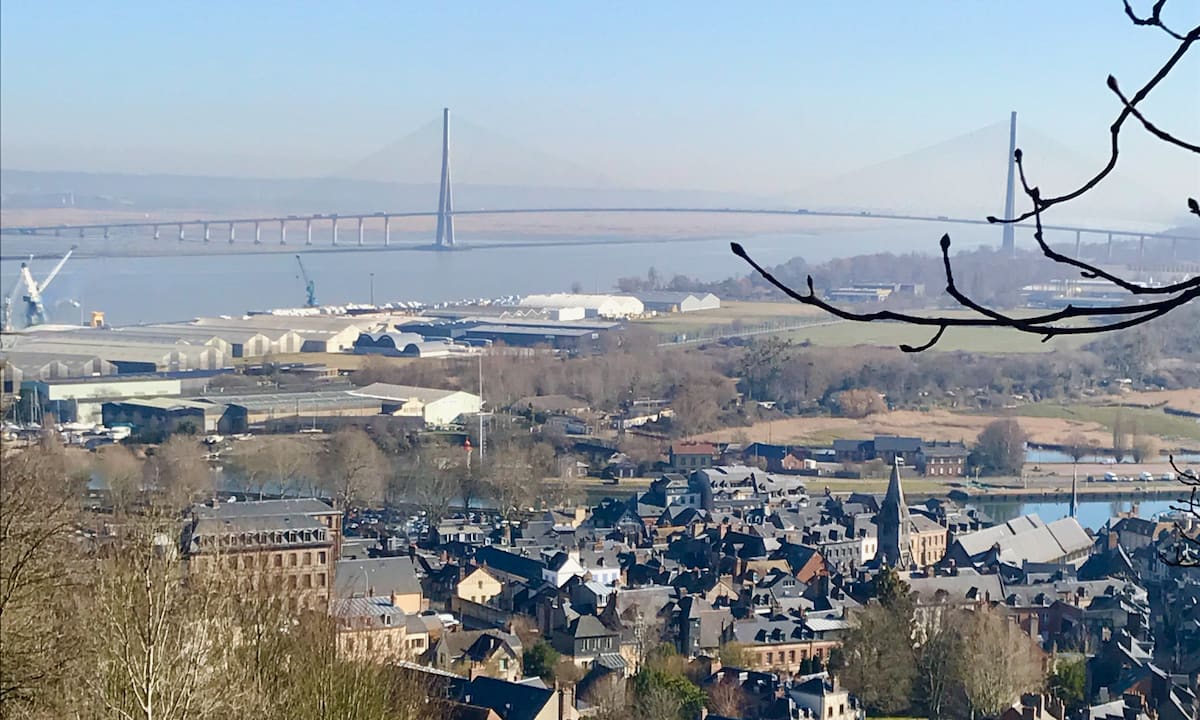 panoramic view of the Seine estuary and Normandy bridge near Honfleur