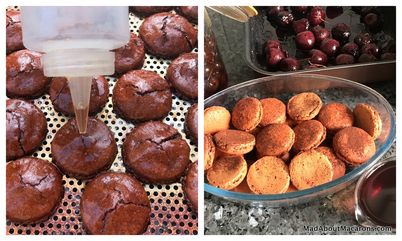 cracked macarons soaking in kirsch for black forest creams