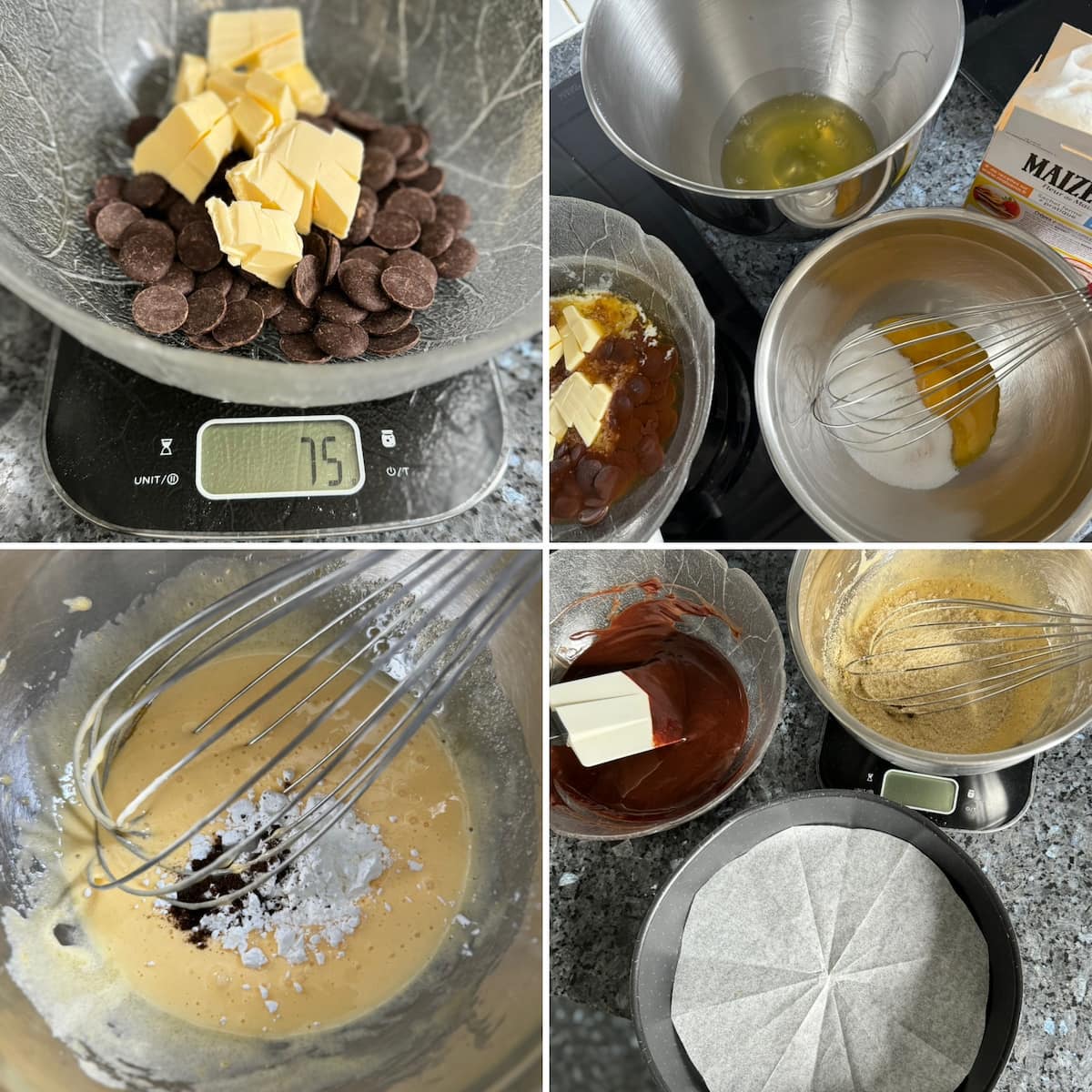 4 recipe steps melting chocolate with butter, adding to whipped yolks and sugar, cornflour and whipped egg whites