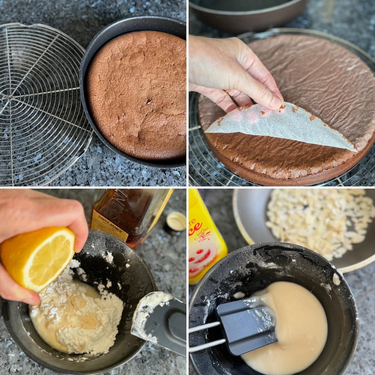 cooling the chocolate almond cake on a wire rack and preparing the rum glaze with lemon