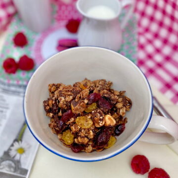 bowl of homemade chocolate coconut granola breakfast