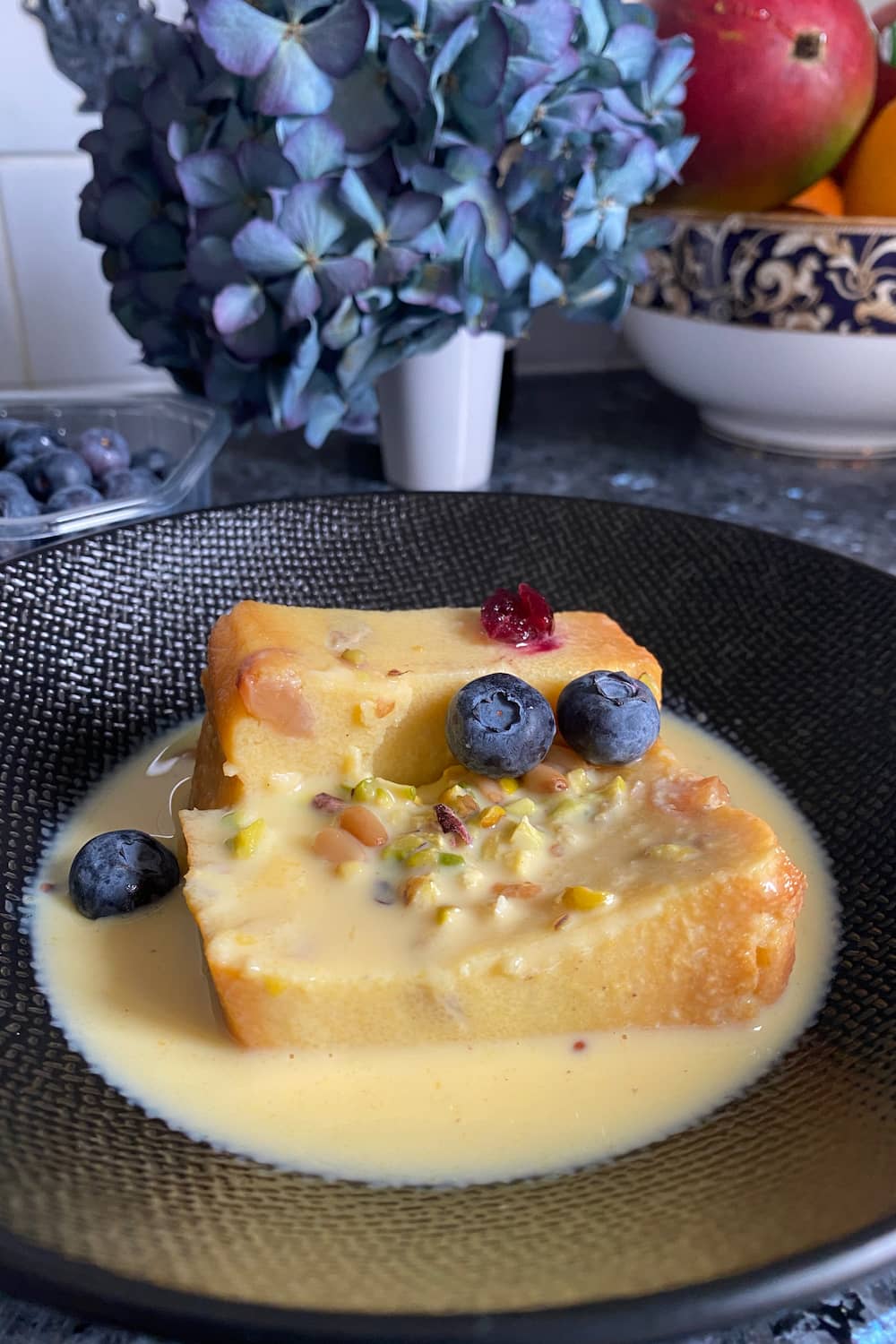 blueberries on French semolina pudding
