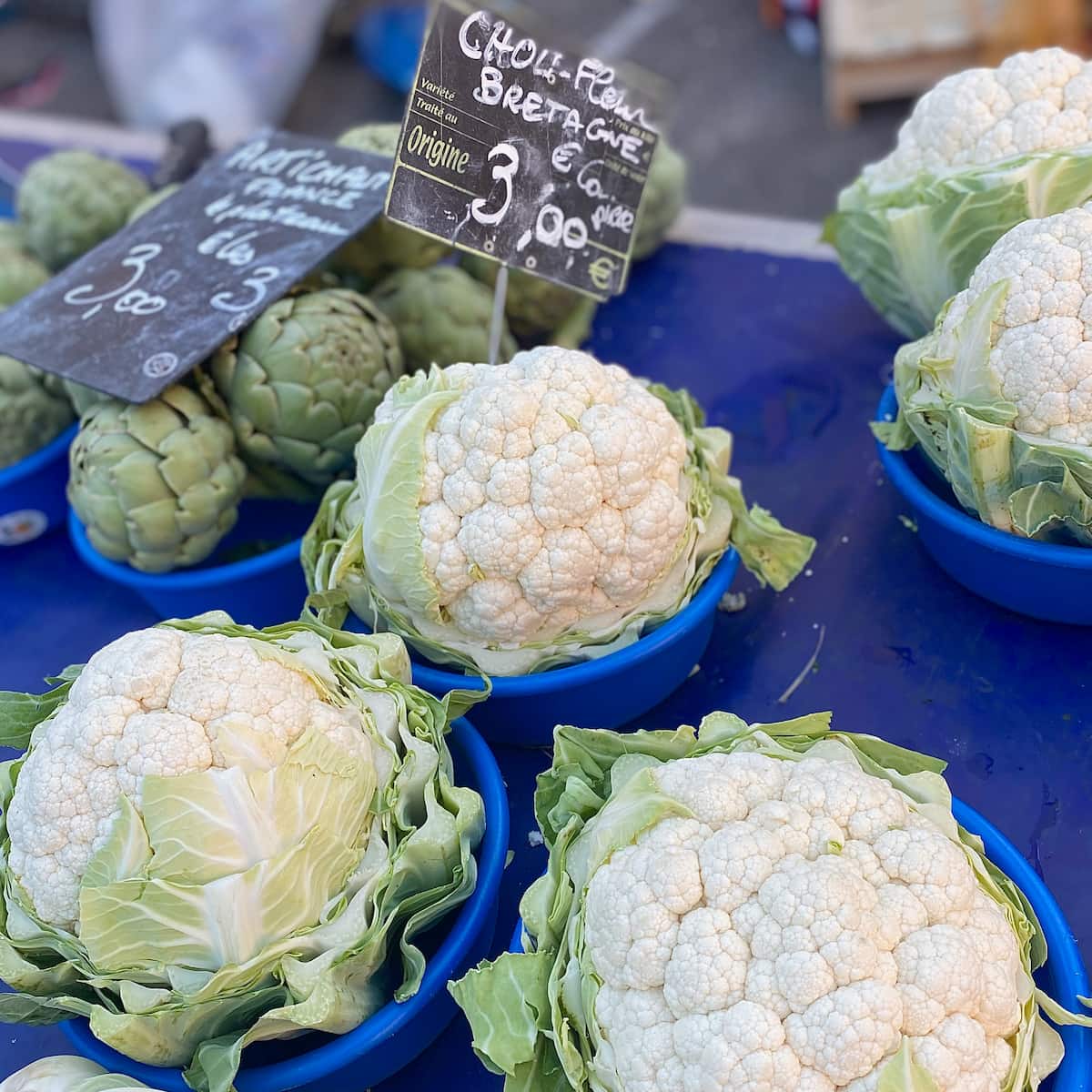 cauliflowers in bowls at the French market