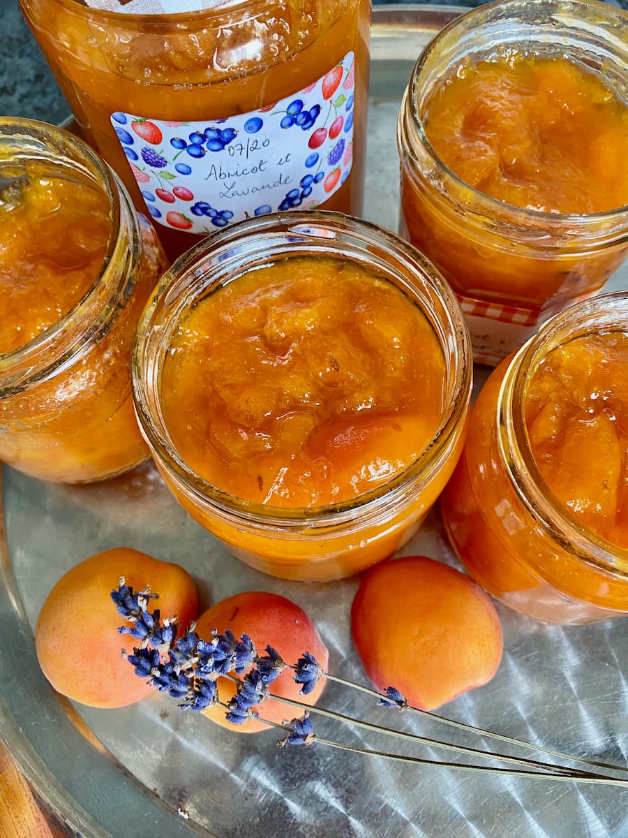Pots of French apricot jam with lavender
