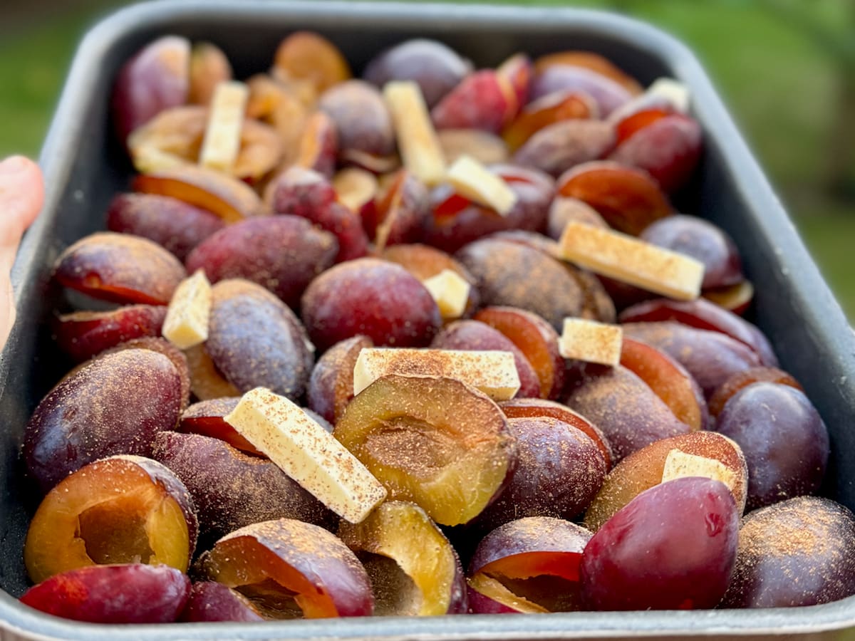 roasting dish with halved fresh plums dotted with butter and sprinkled with ground cinnamon