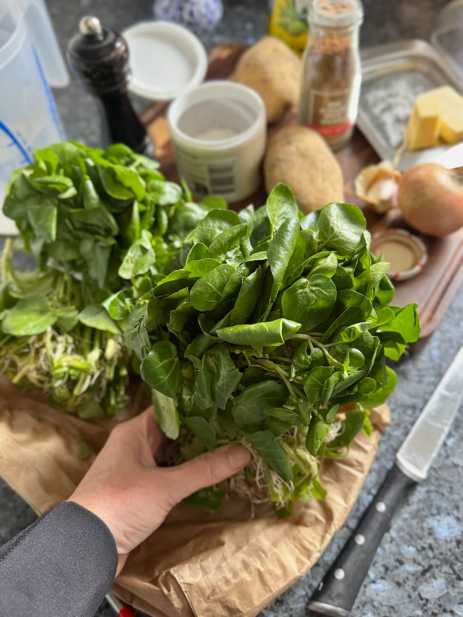two bundles of fresh watercress next to ingredients to make soup