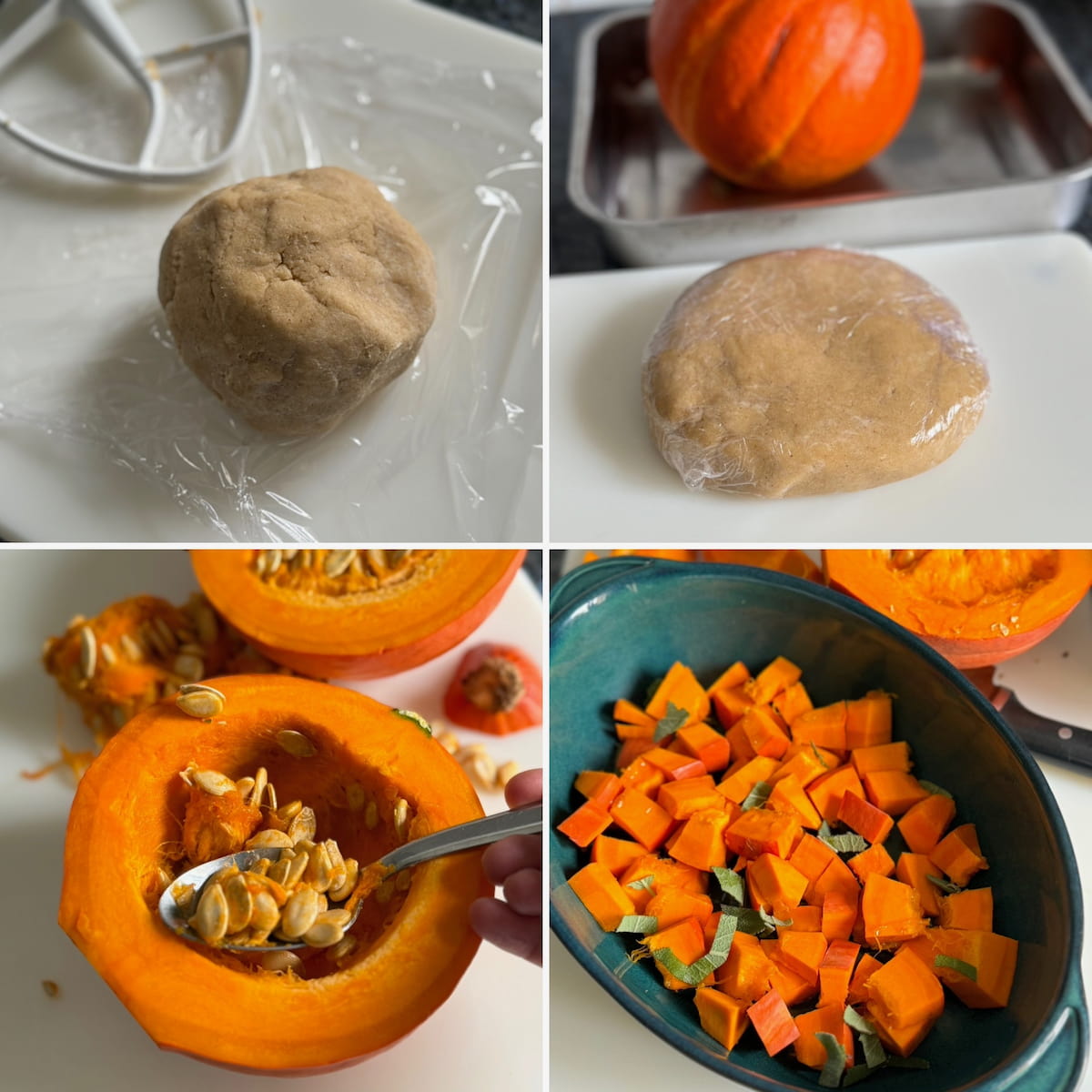 tart dough in a ball covered in cling film next to roasted pumpkin prepared with olive oil and sage