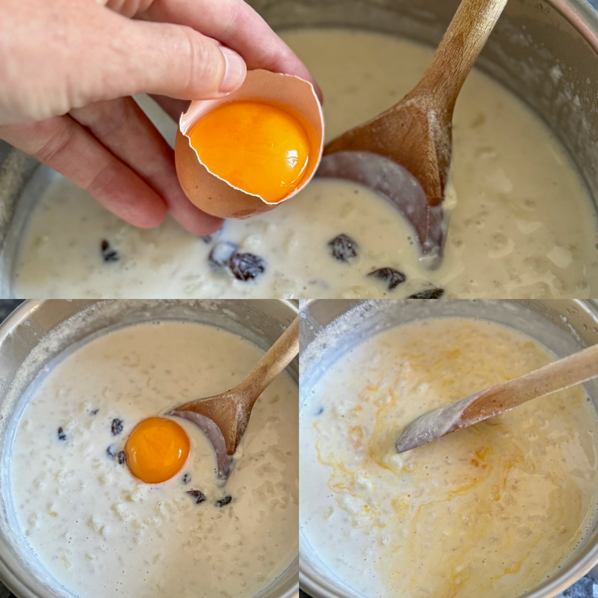 adding egg yolk to creamy rice pudding with raisins