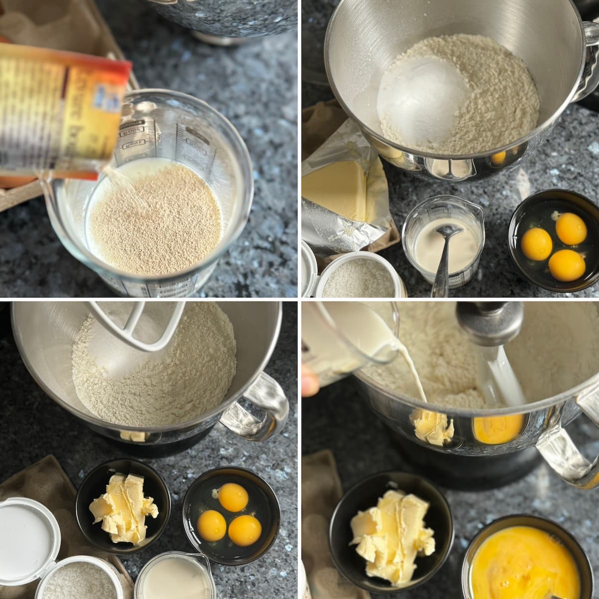 four recipe steps to making French brioche, showing adding instant yeast to warm milk and gradually adding eggs, butter and salt to the bowl of flour and sugar