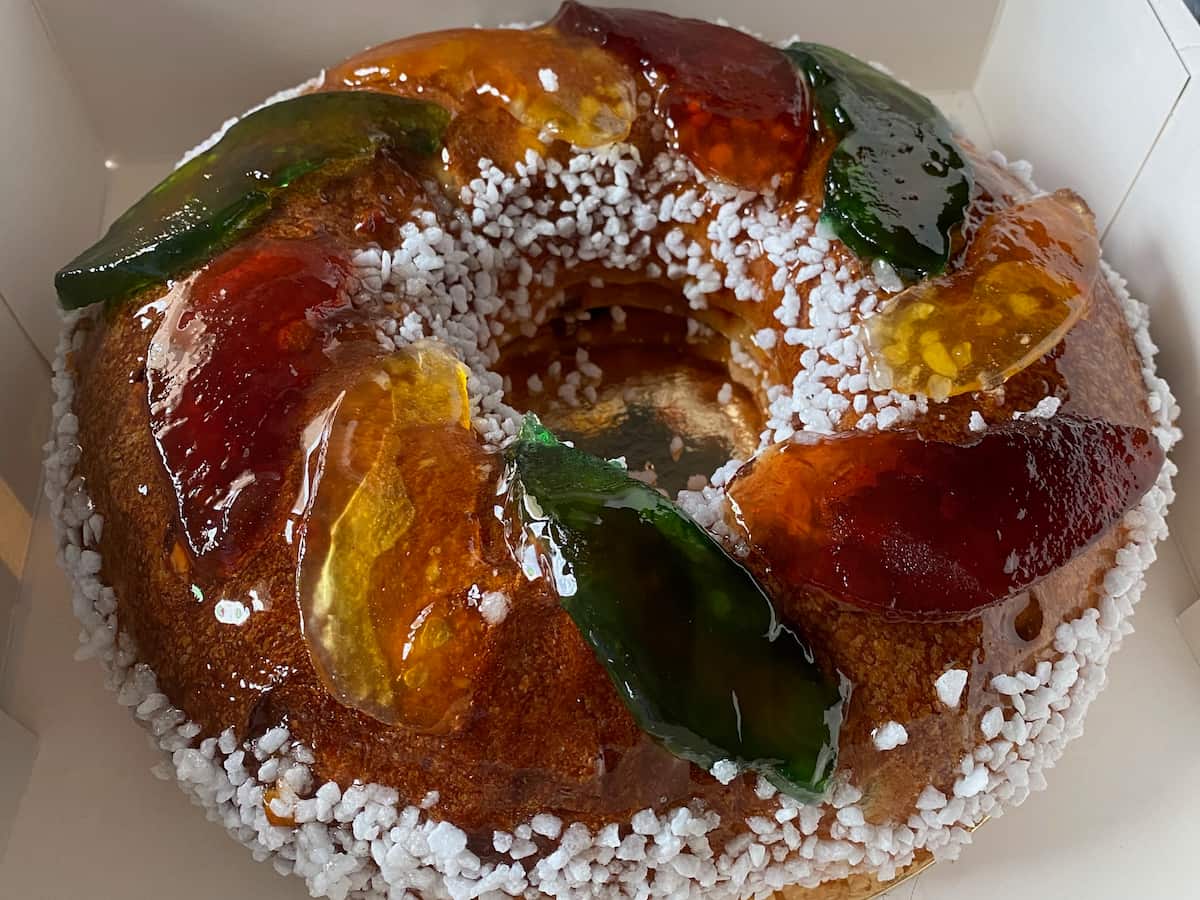 crown shaped brioche studded with pearl sugar and candied fruits