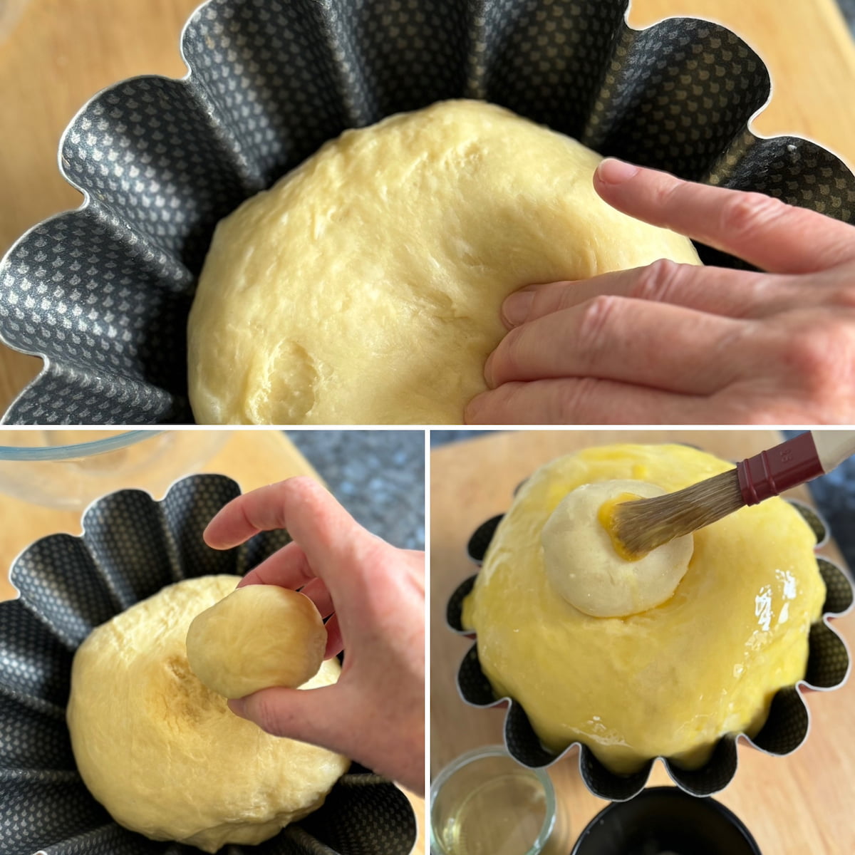 placing brioche dough into a fluted tin and topping with a small dough ball then brushing with yolk glaze