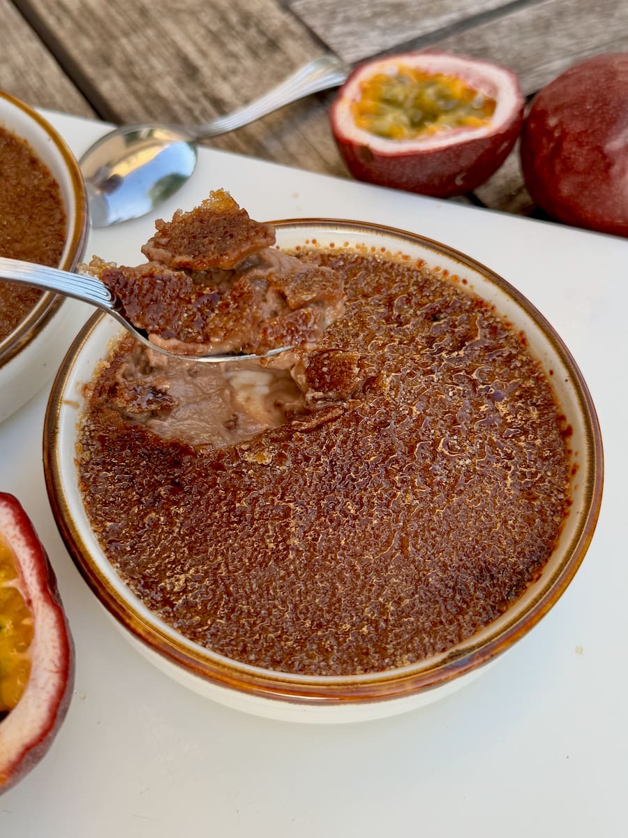 chocolate creme brulee with a milk chocolate custard underneath a caramelised top - easy recipe with less sugar and no water bath
