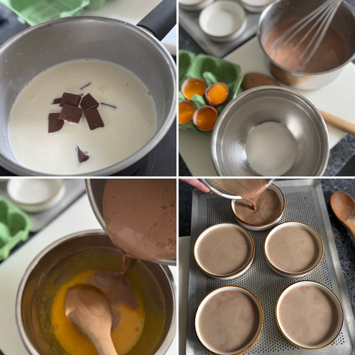 four simple recipe steps to make a chocolate creme brulee: melt milk chocolate in heated half and half cream, stir into  whisked egg yolks and sugar then pour into shallow ramekins on a baking sheet 