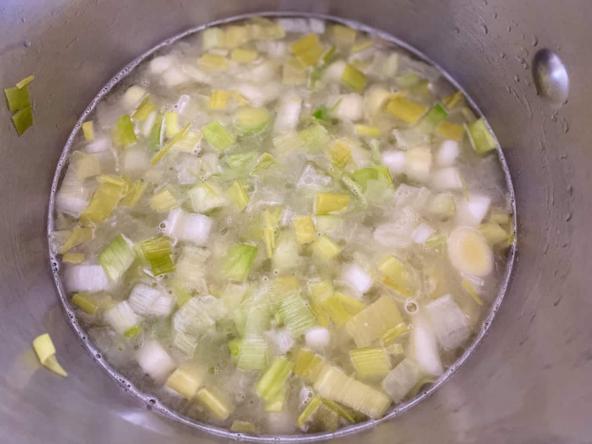 pot of sliced leeks cooking in water