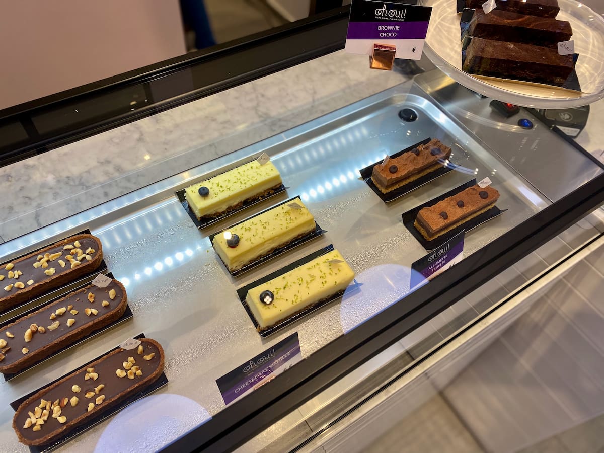 pastries in a glass case, all with low sugar for diabetics