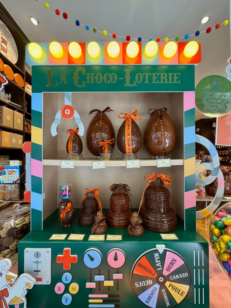 Parisian chocolate shop window with Easter traditions with bells, eggs, hens and chicks
