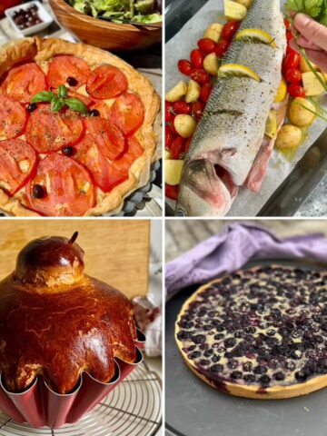 French menu ideas for Bastille Day on 14th July with a tomato tart, whole baked sea bass, brioche and blueberry tart
