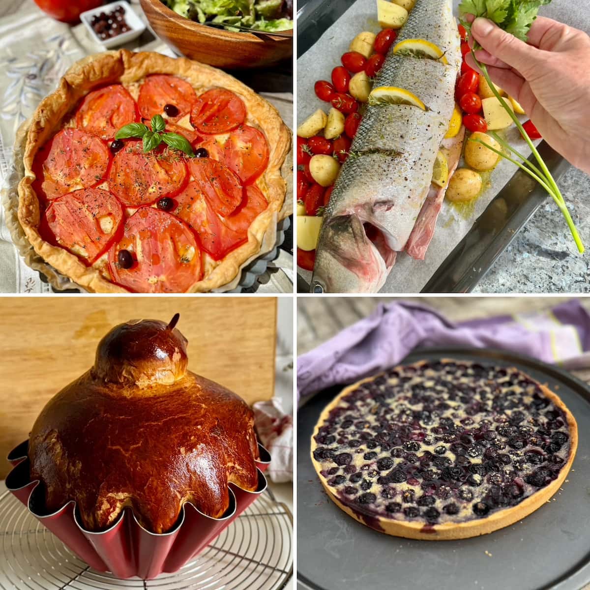 French menu ideas for Bastille Day on 14th July with a tomato tart, whole baked sea bass, brioche and blueberry tart