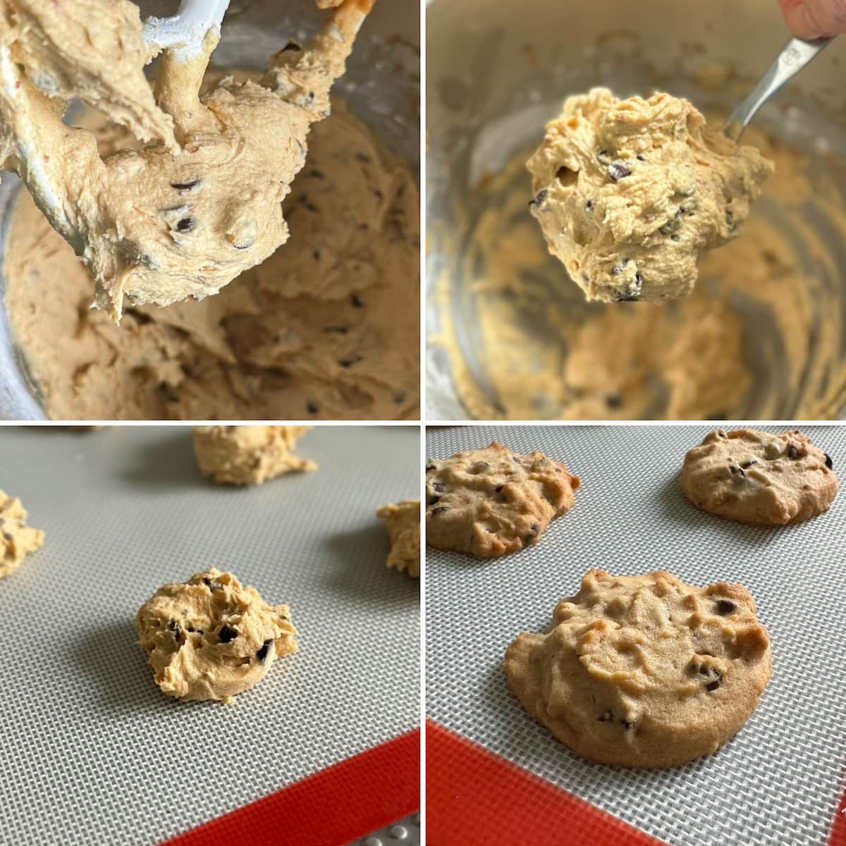 recipe steps making peanut butter cookies in a mixer with chocolate chips and spooning out on a baking sheet