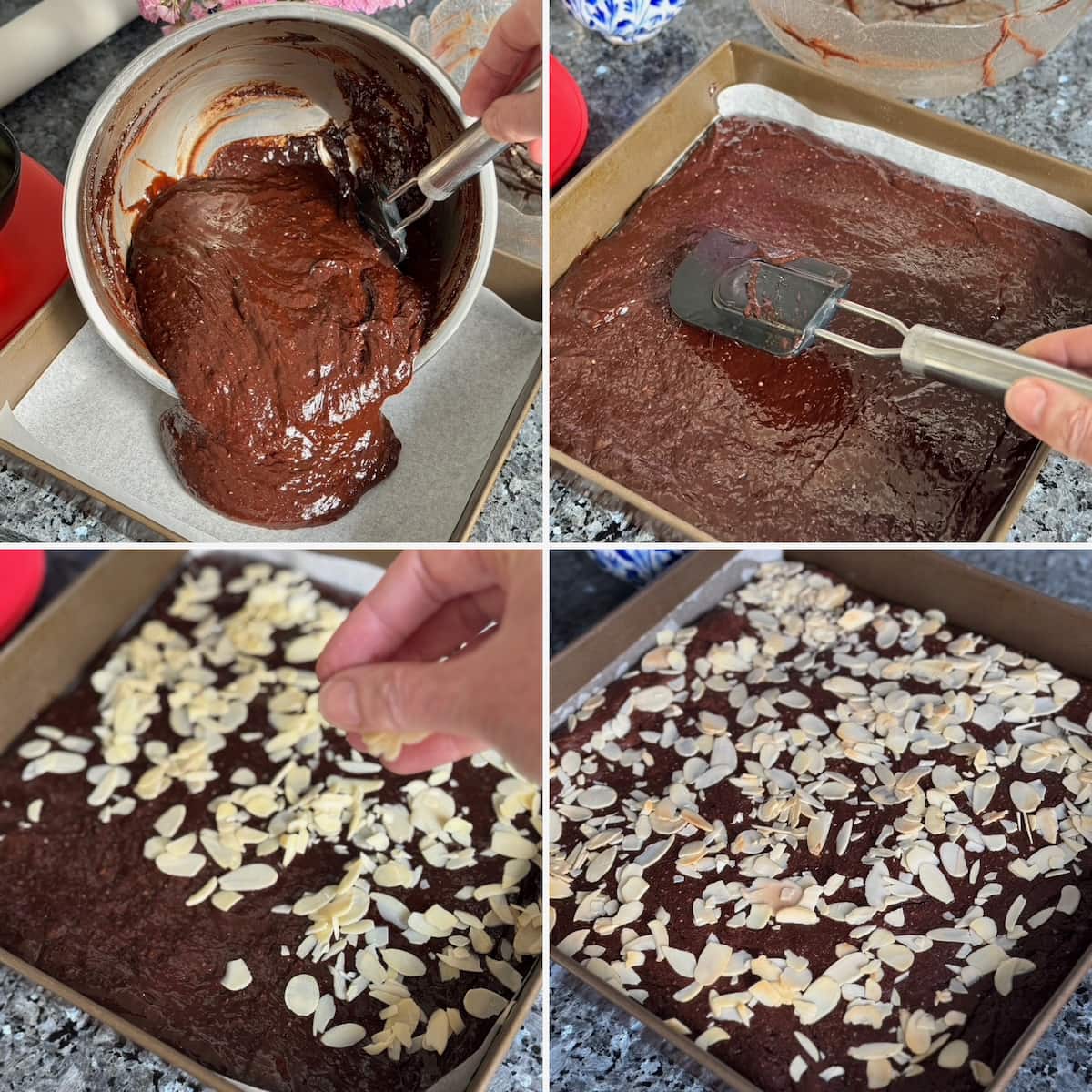 pouring melted chocolate batter into a brownie tin, leveling with a spatula and sprinkling the top with flaked almonds
