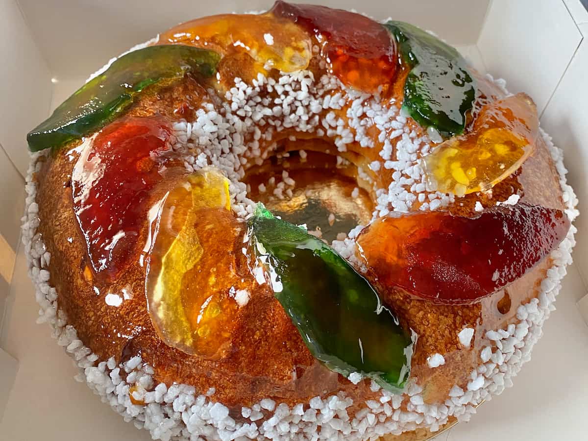 brioche des rois, a brioche crown studded with pearl sugar and candied fruits to look like jewels
