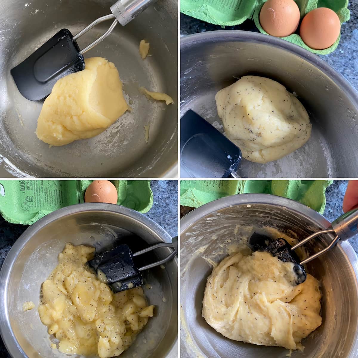 gradually mixing whole eggs into choux pastry dough