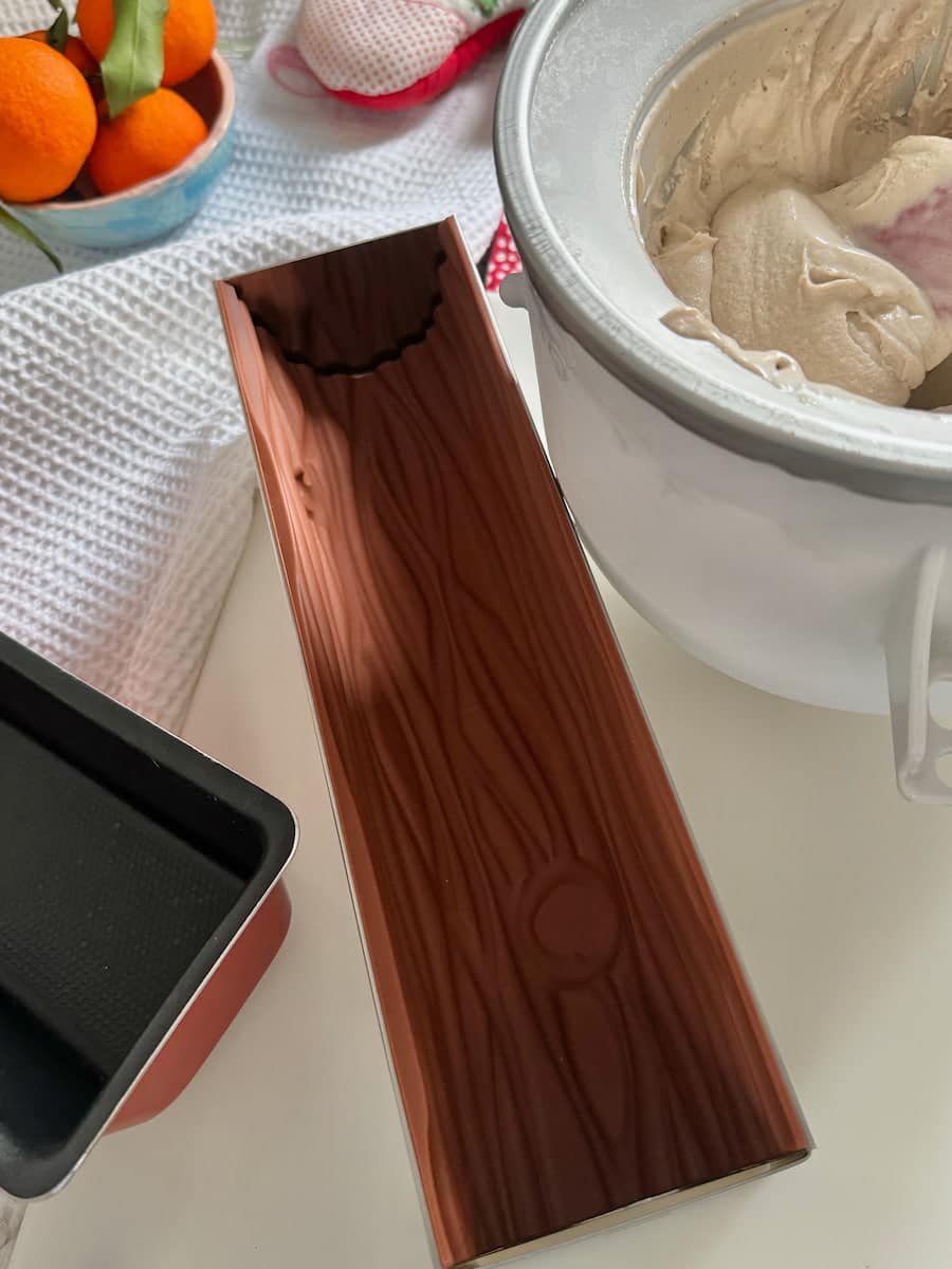empty yule log mould with a silicone log-effect mat